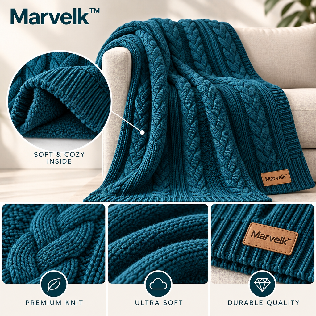 Marvelk Deep Teal Cable Knit Throw Blanket