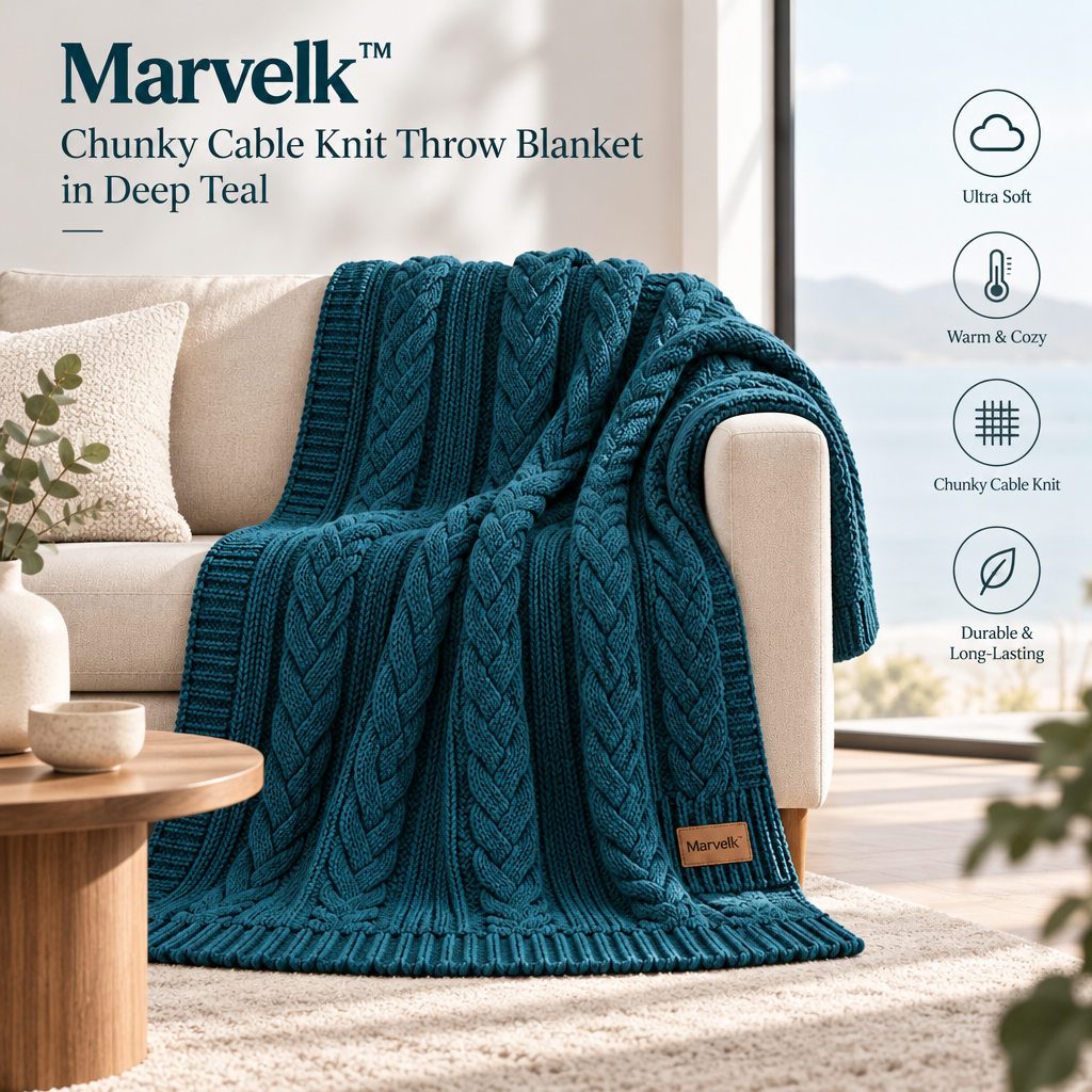 Marvelk Deep Teal Cable Knit Throw Blanket
