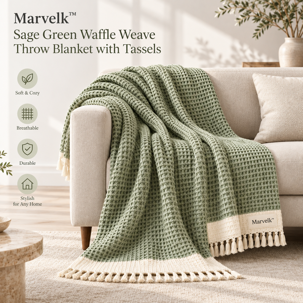 Marvelk Sage Waffle Weave Throw with Tassels