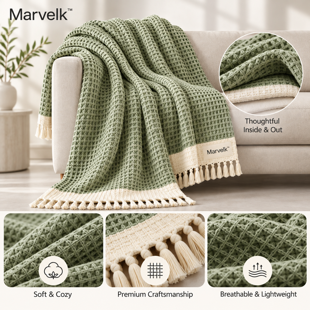 Marvelk Sage Waffle Weave Throw with Tassels