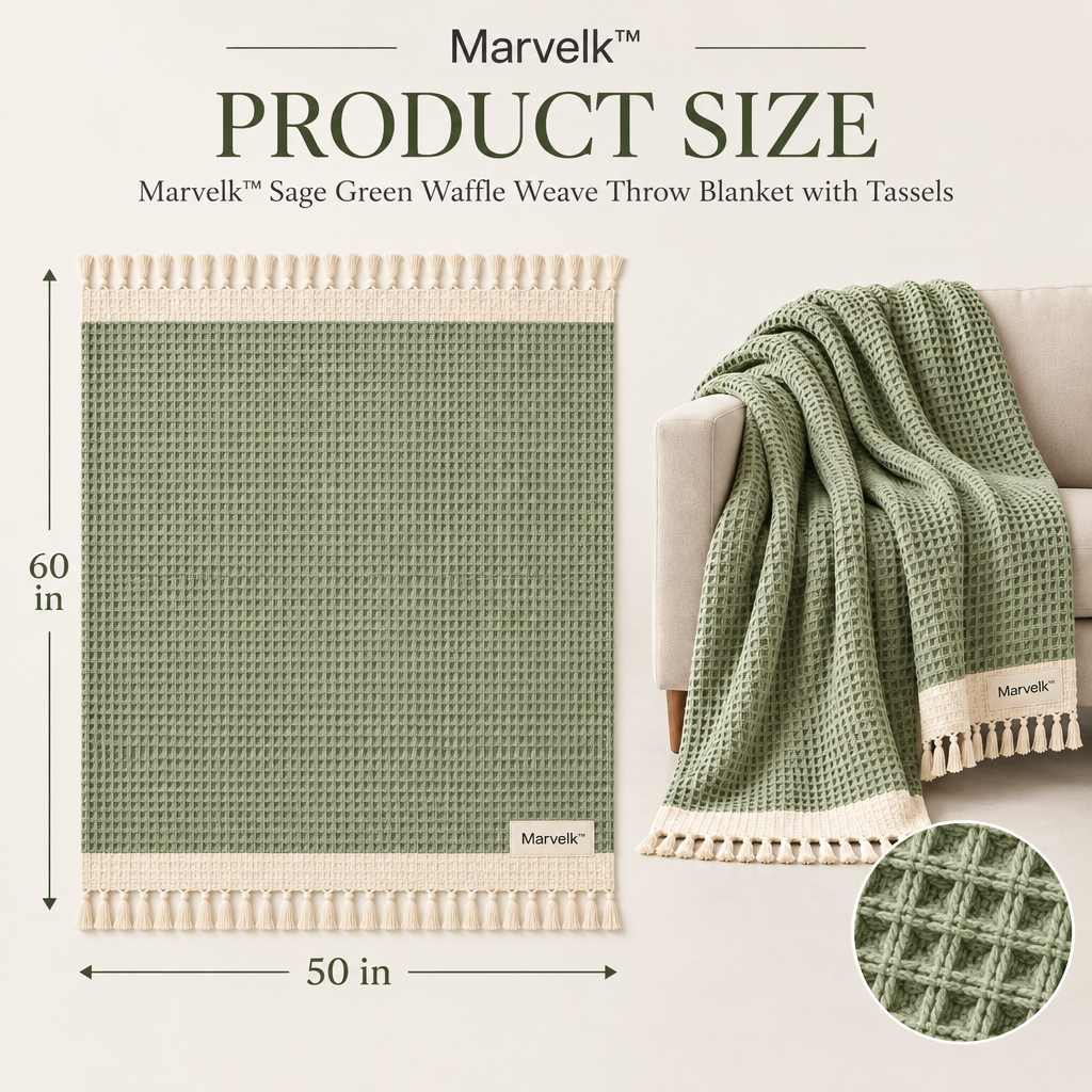 Marvelk Sage Waffle Weave Throw with Tassels