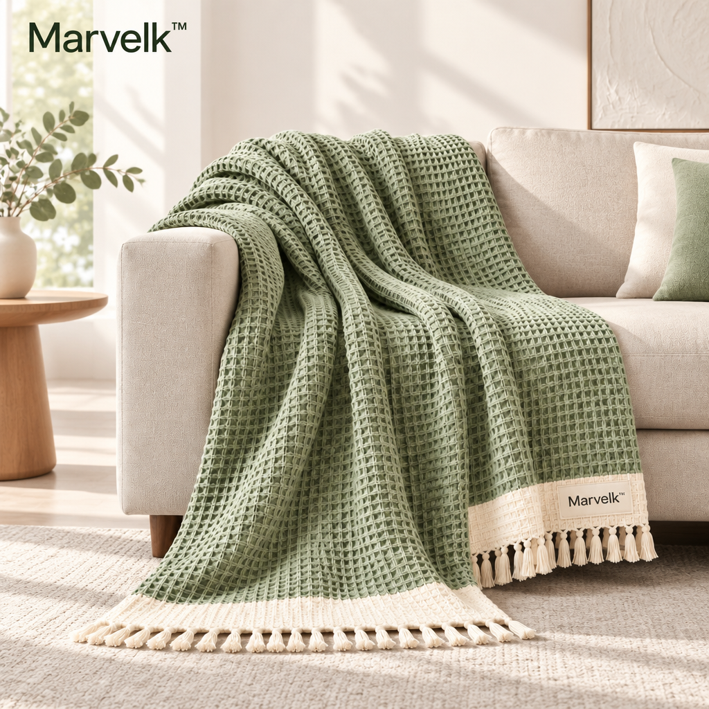 Marvelk Sage Waffle Weave Throw with Tassels