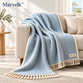 Marvelk Powder Blue Herringbone Fringe Throw