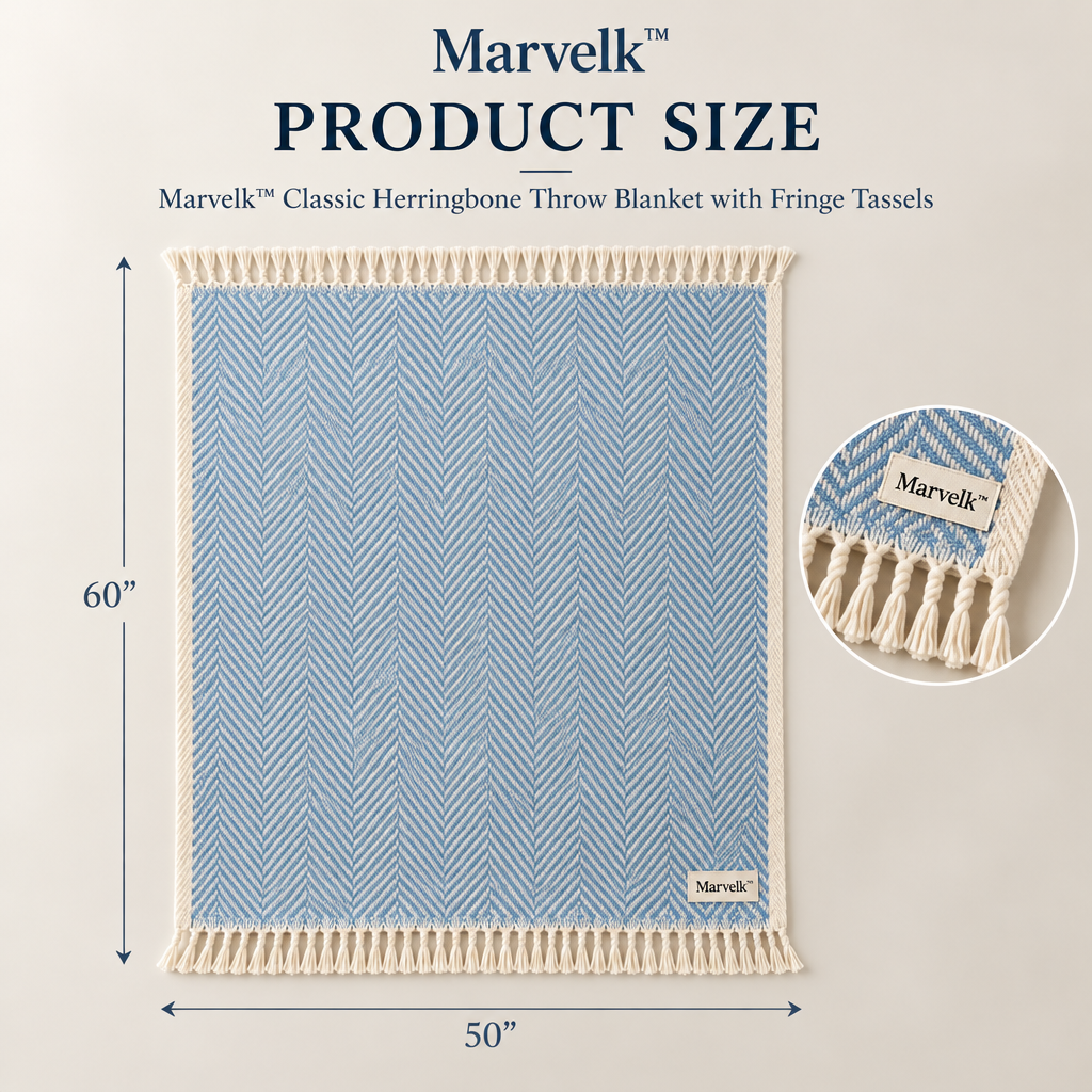 Marvelk Powder Blue Herringbone Fringe Throw