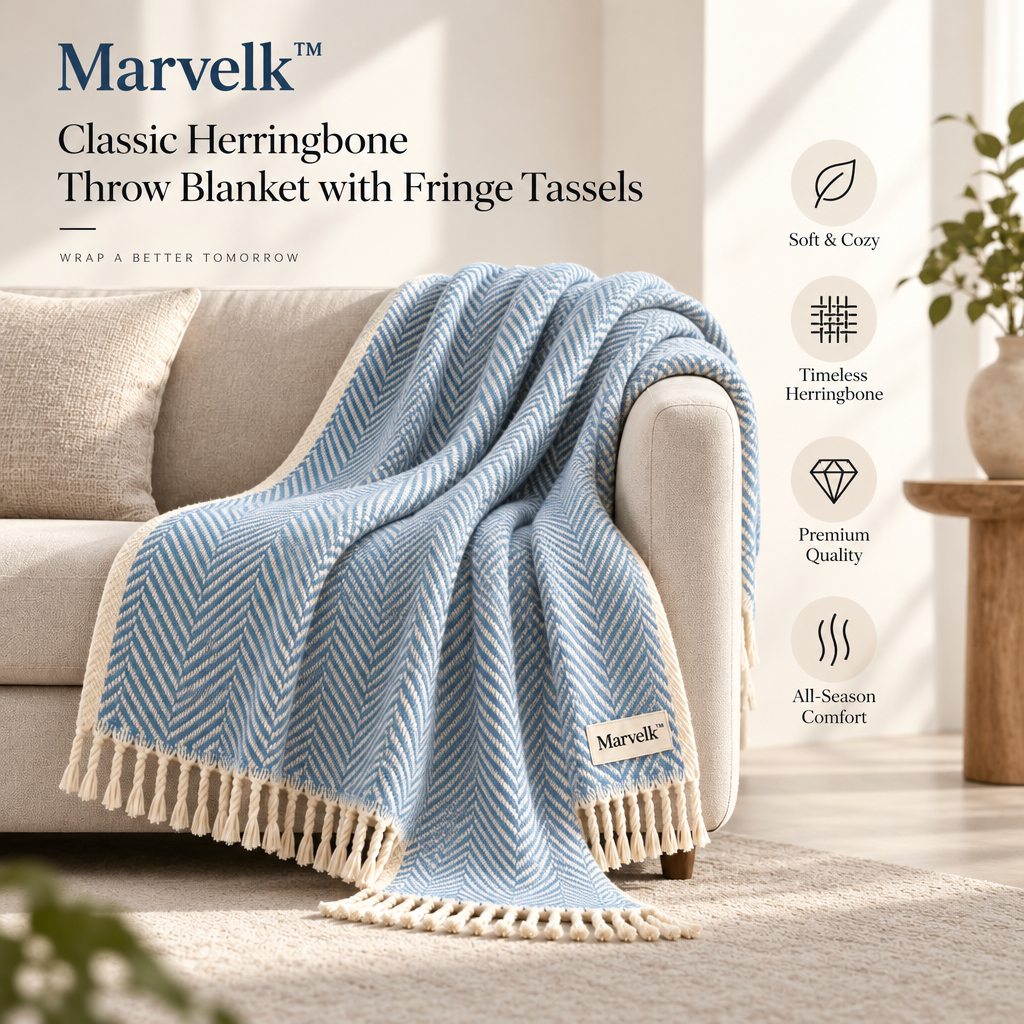 Marvelk Powder Blue Herringbone Fringe Throw