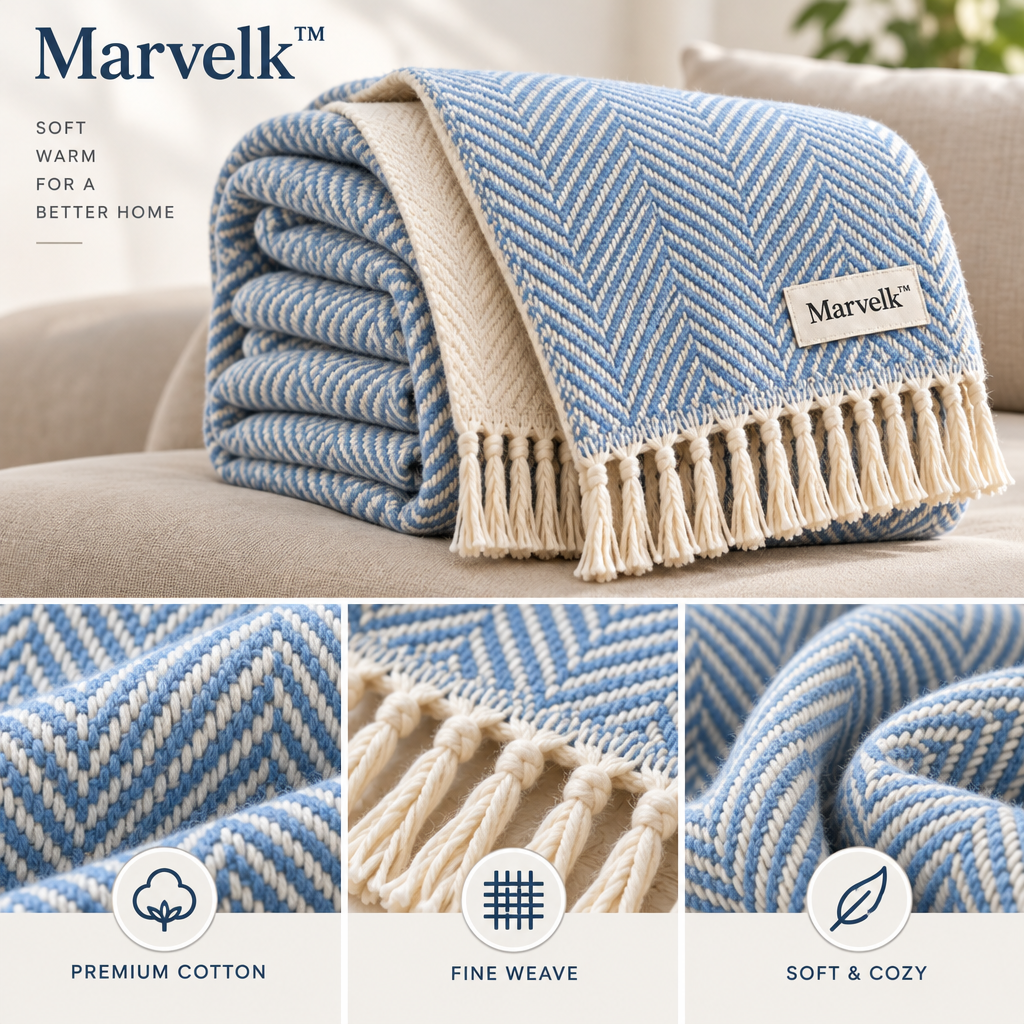 Marvelk Powder Blue Herringbone Fringe Throw