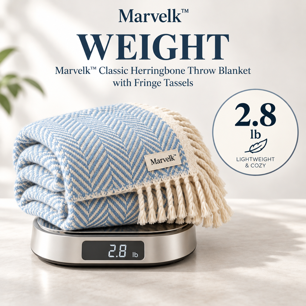Marvelk Powder Blue Herringbone Fringe Throw