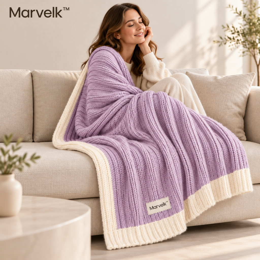 Marvelk Lavender Ribbed Knit Throw with Cream Border