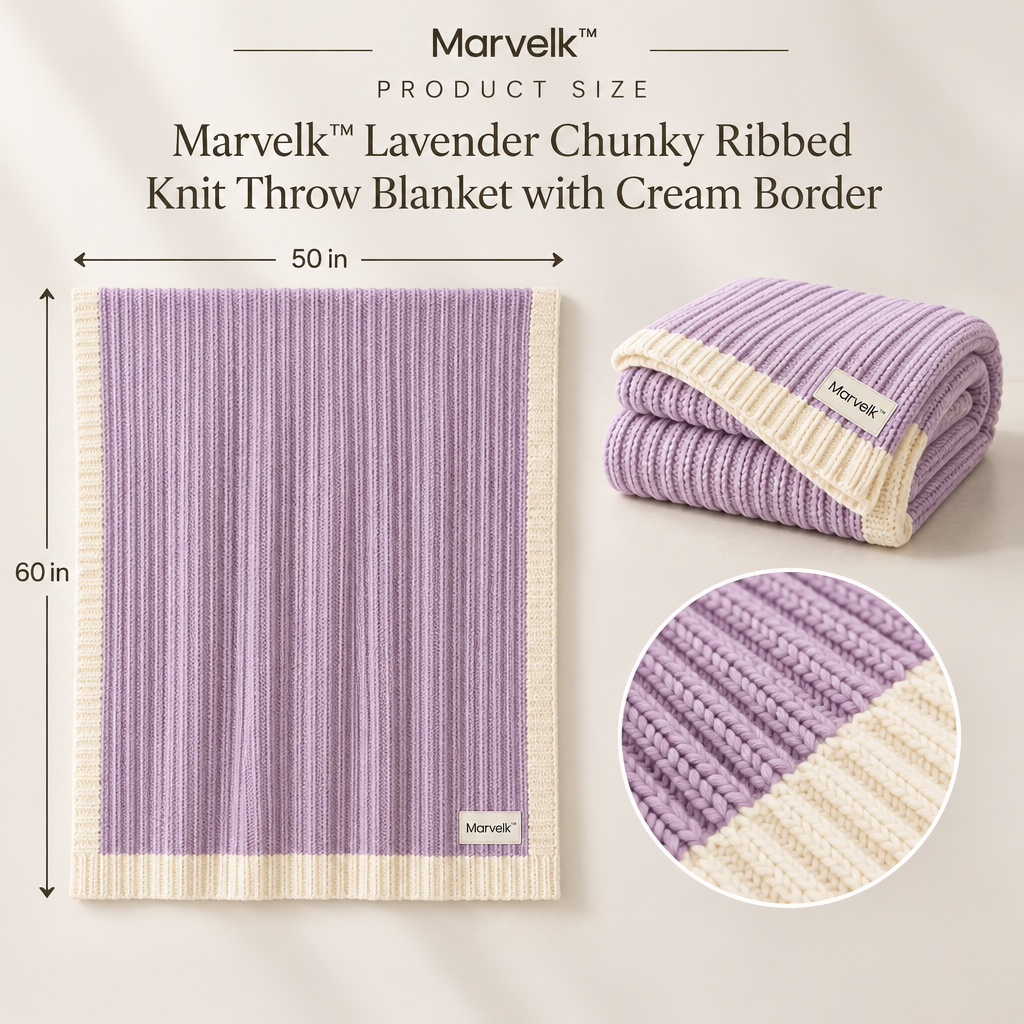 Marvelk Lavender Ribbed Knit Throw with Cream Border