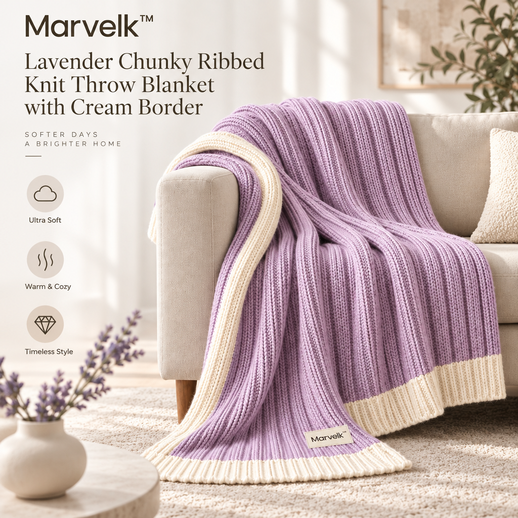 Marvelk Lavender Ribbed Knit Throw with Cream Border