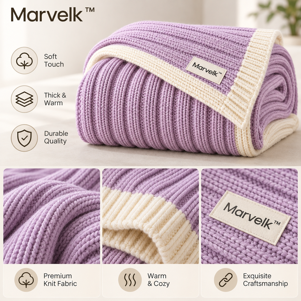 Marvelk Lavender Ribbed Knit Throw with Cream Border