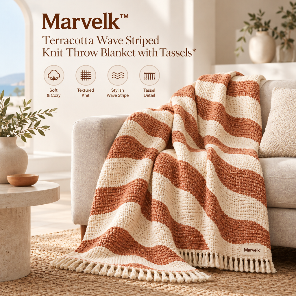 Marvelk Terracotta Wave Stripe Tassel Blanket