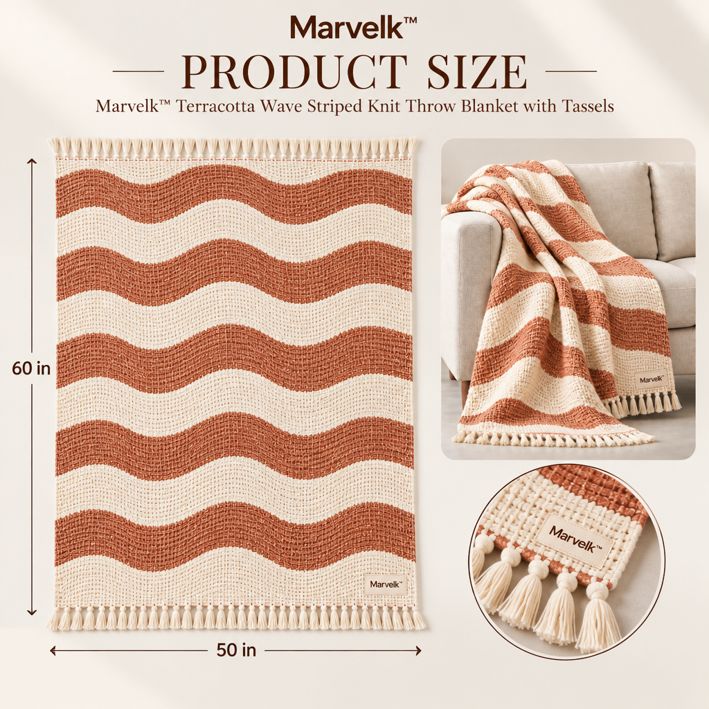 Marvelk Terracotta Wave Stripe Tassel Blanket