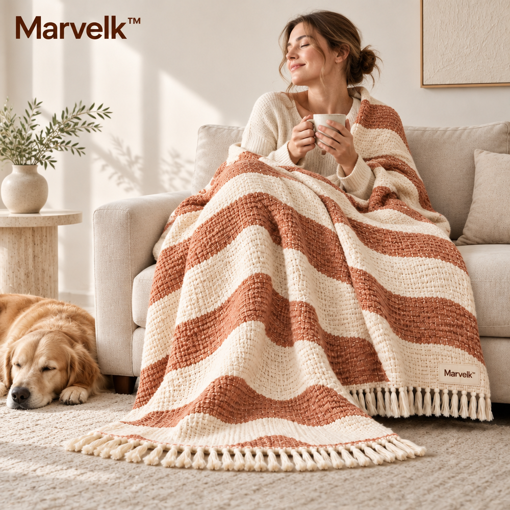 Marvelk™ Terracotta Wave Stripe Tassel Blanket