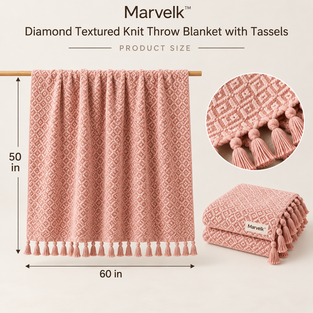 Marvelk Blush Diamond Texture Tassel Throw