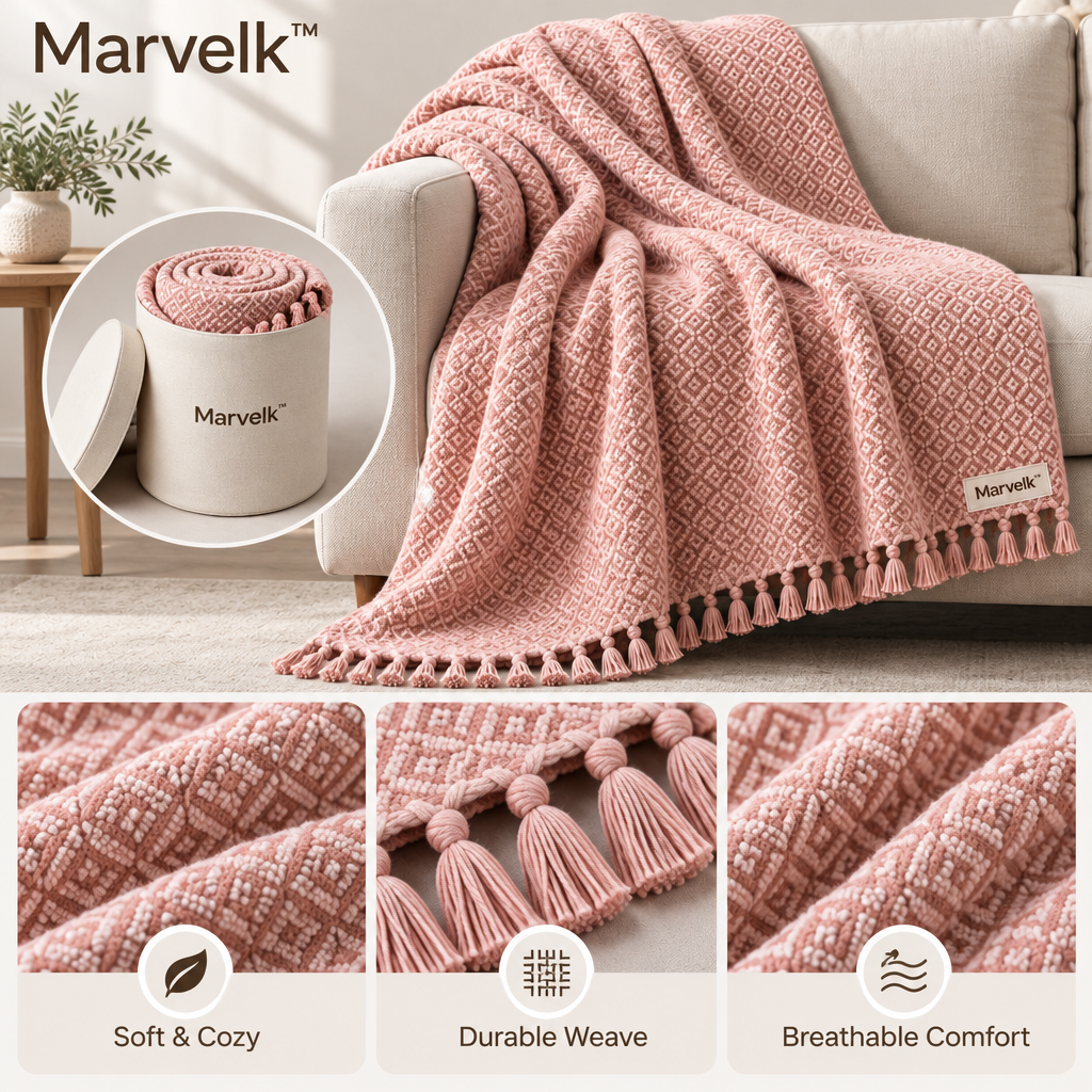 Marvelk Blush Diamond Texture Tassel Throw