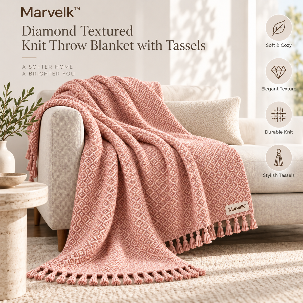 Marvelk Blush Diamond Texture Tassel Throw