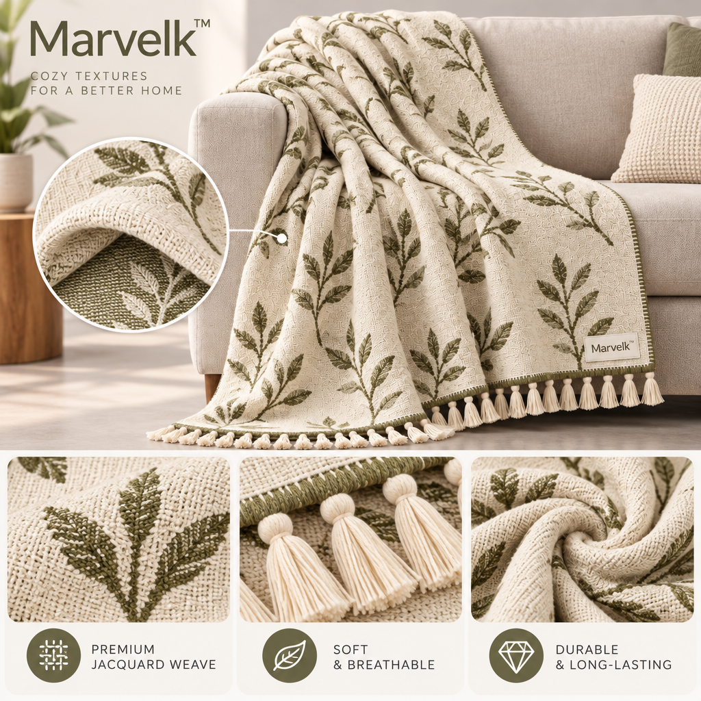 Marvelk Olive Branch Botanical Knit Blanket