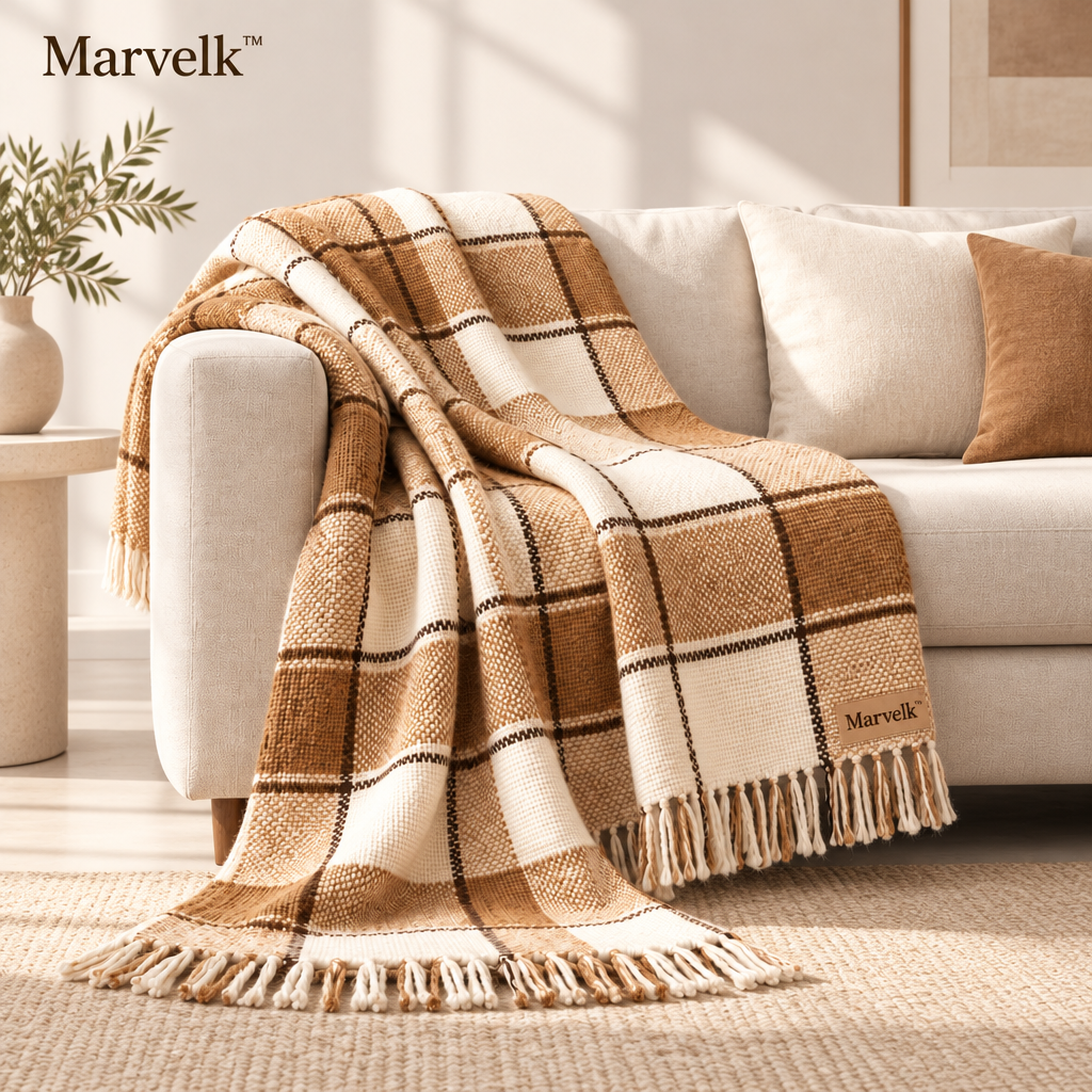 Marvelk Caramel Plaid Fringe Sofa Throw