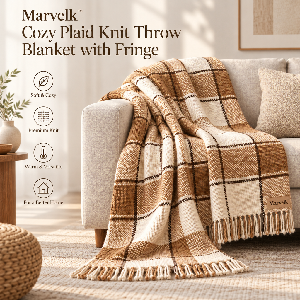 Marvelk Caramel Plaid Fringe Sofa Throw