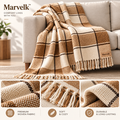 Marvelk Caramel Plaid Fringe Sofa Throw