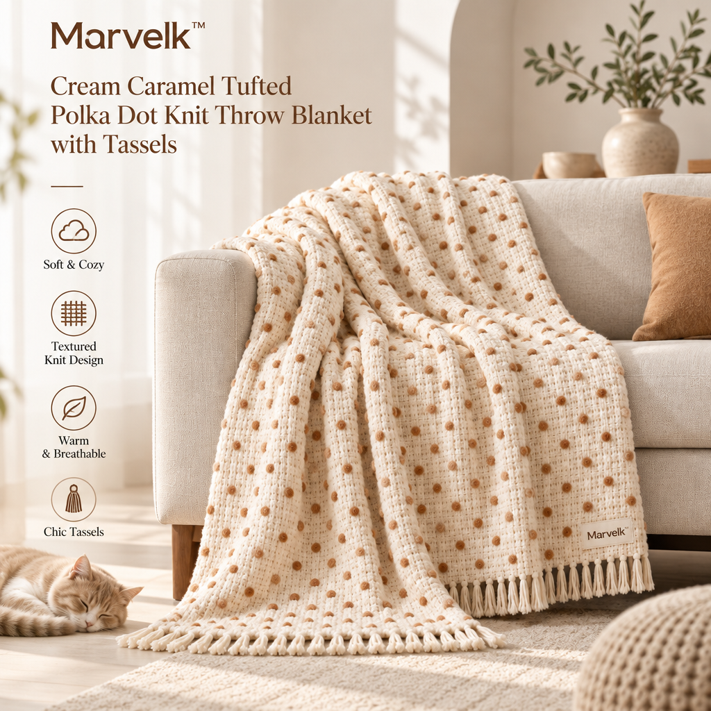 Marvelk Cream and Caramel Tufted Dot Throw