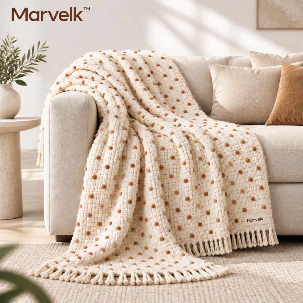 Marvelk Cream and Caramel Tufted Dot Throw