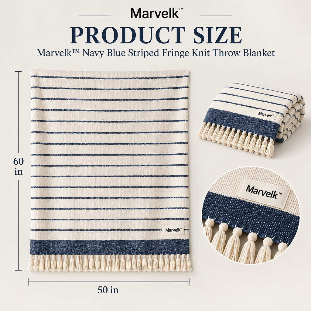Marvelk Navy Pinstripe Fringe Knit Blanket