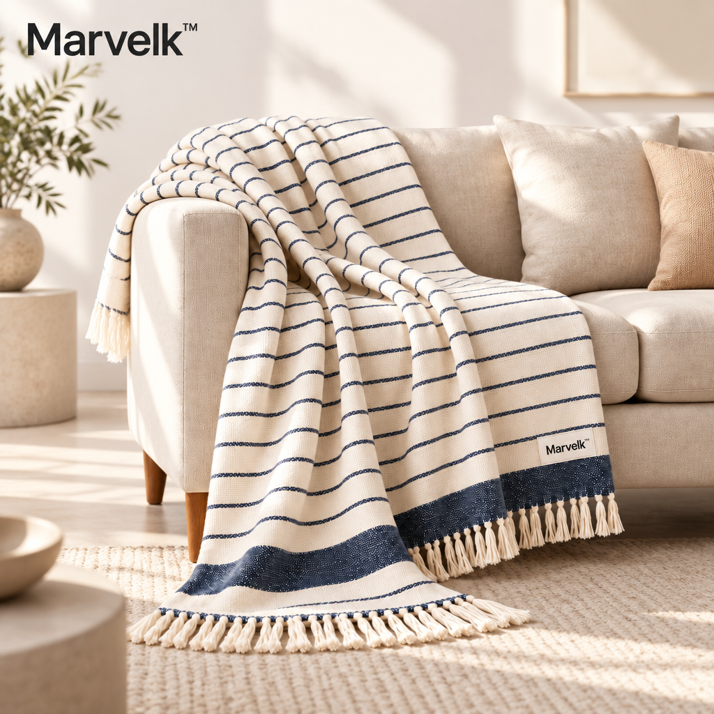 Marvelk Navy Pinstripe Fringe Knit Blanket