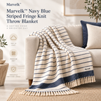 Marvelk Navy Pinstripe Fringe Knit Blanket