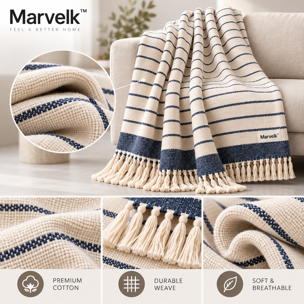 Marvelk Navy Pinstripe Fringe Knit Blanket