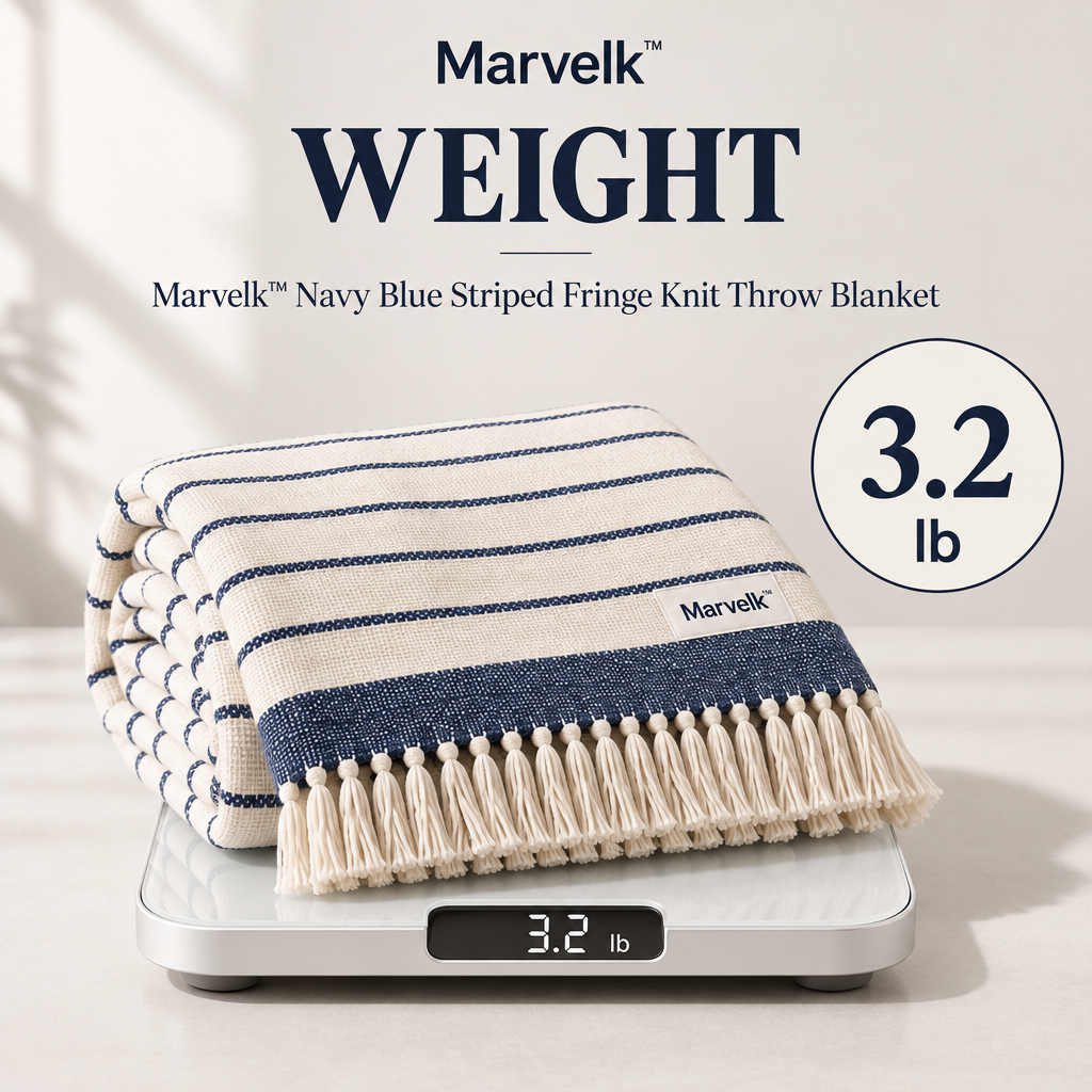 Marvelk Navy Pinstripe Fringe Knit Blanket