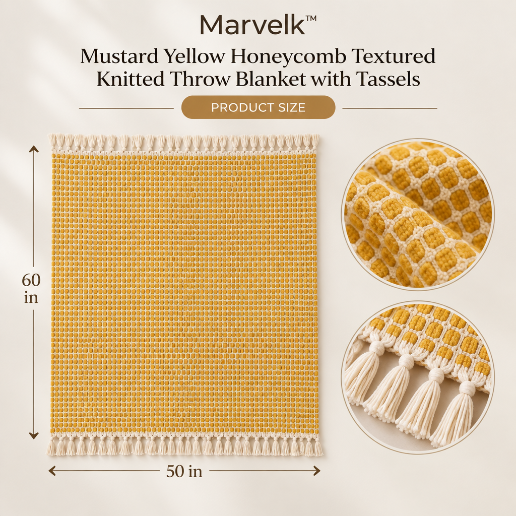 Marvelk Mustard Honeycomb Tassel Knit Throw