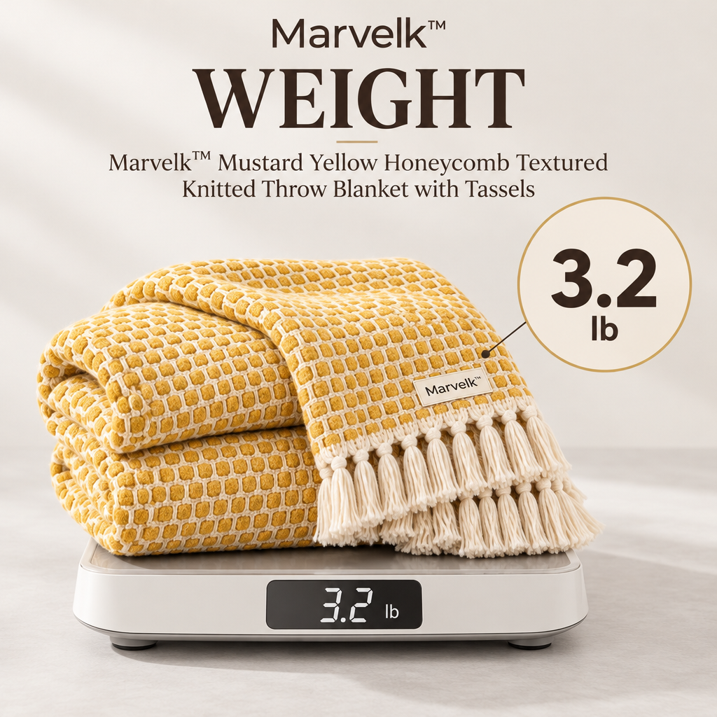 Marvelk Mustard Honeycomb Tassel Knit Throw