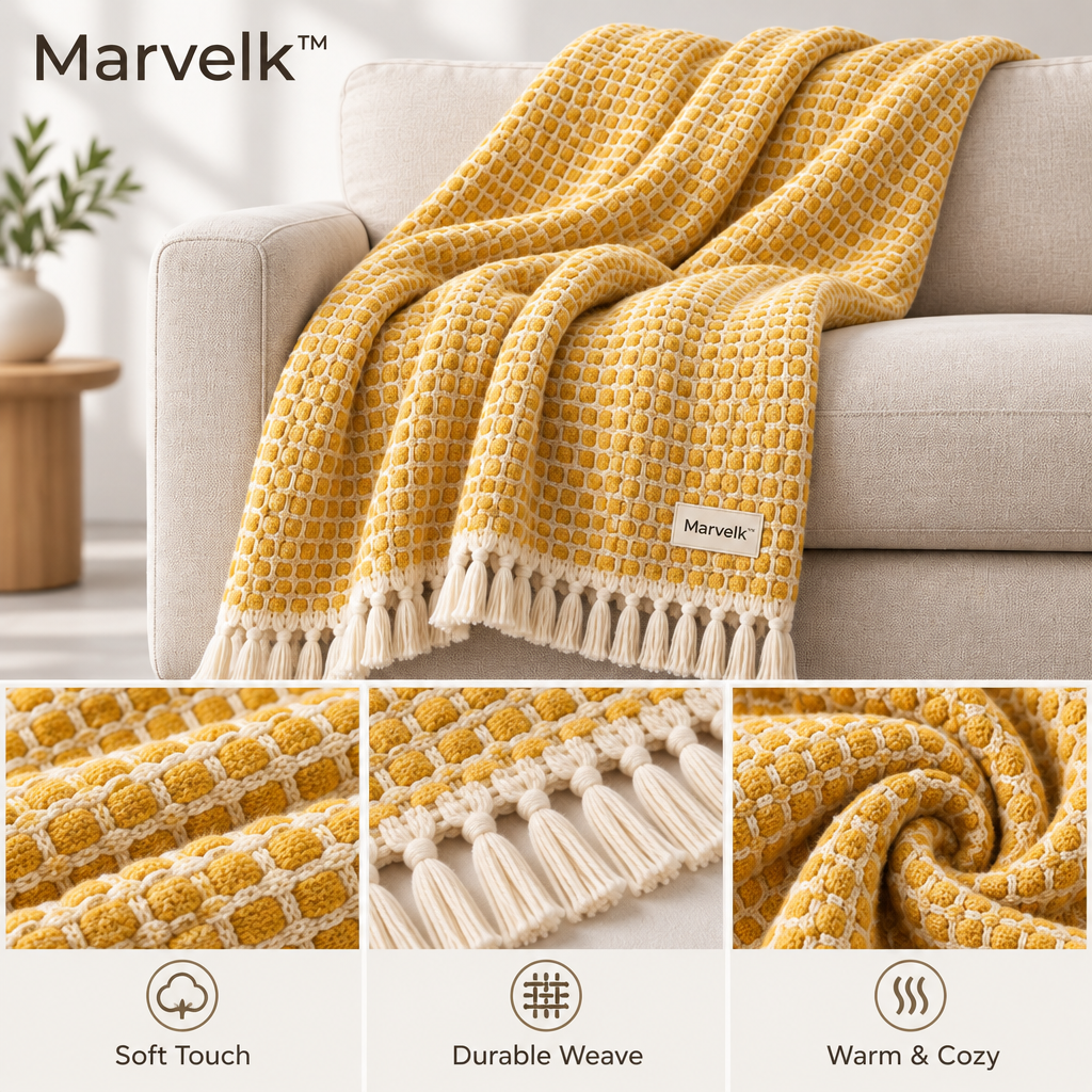 Marvelk Mustard Honeycomb Tassel Knit Throw