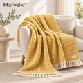 Marvelk Mustard Honeycomb Tassel Knit Throw