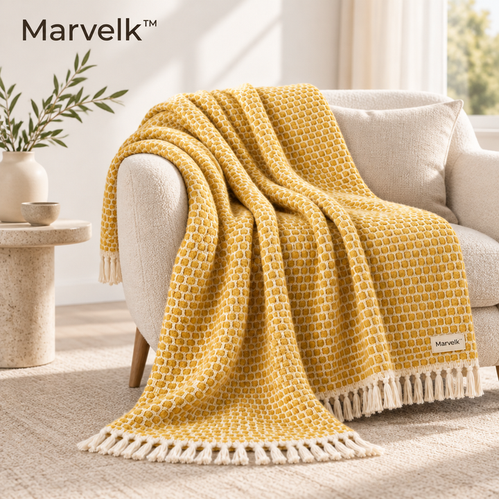 Marvelk™ Mustard Honeycomb Tassel Knit Throw