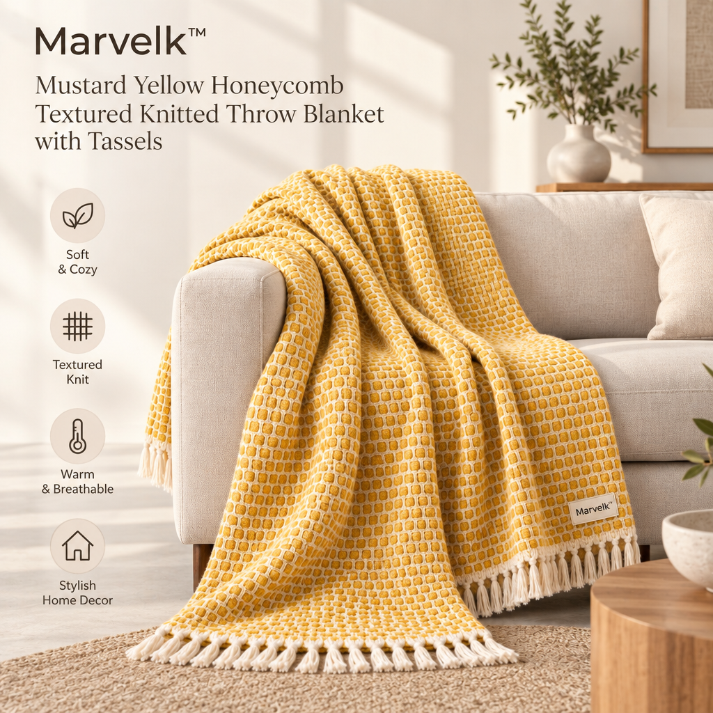 Marvelk Mustard Honeycomb Tassel Knit Throw
